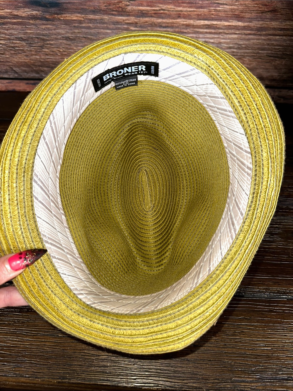 Broner Green Straw Fedora Hat with Beige Stripped Ribbon! - Picture 6 of 7